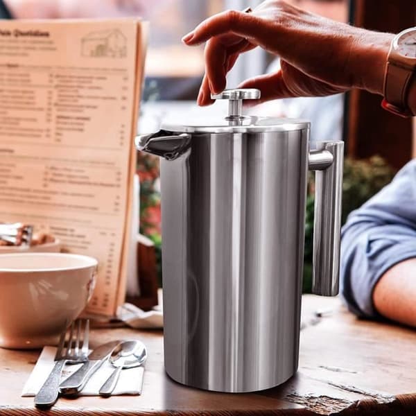 Stempelkande i rustfrit stål med filter, varmeisoleret, 1L, sølv