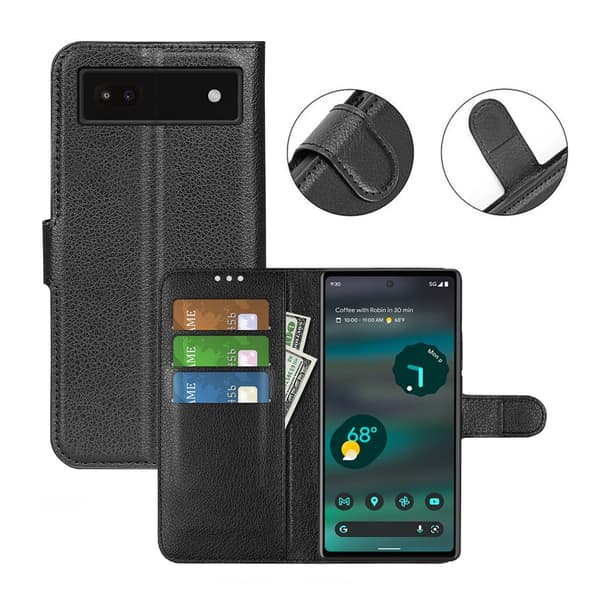 Google Pixel 6A -lompakkokotelo jalustalla - Musta 110 PU Leather