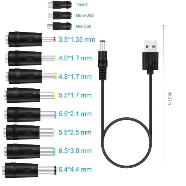 Universal USB til DC 5V strømkabel med 11 stik til kamera, tablet, pc, telefon (farver)