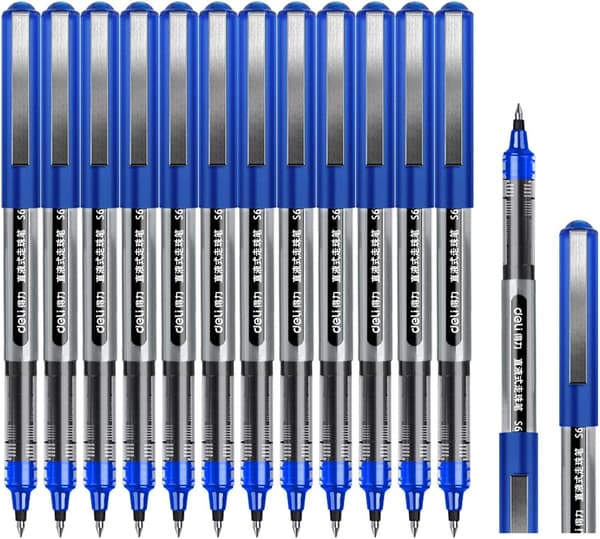 Rollerball Pen, 0.5mm Blue Pens, Smooth Ballpoint Pen with Quick-Drying Liquid Ink - 12 Pack