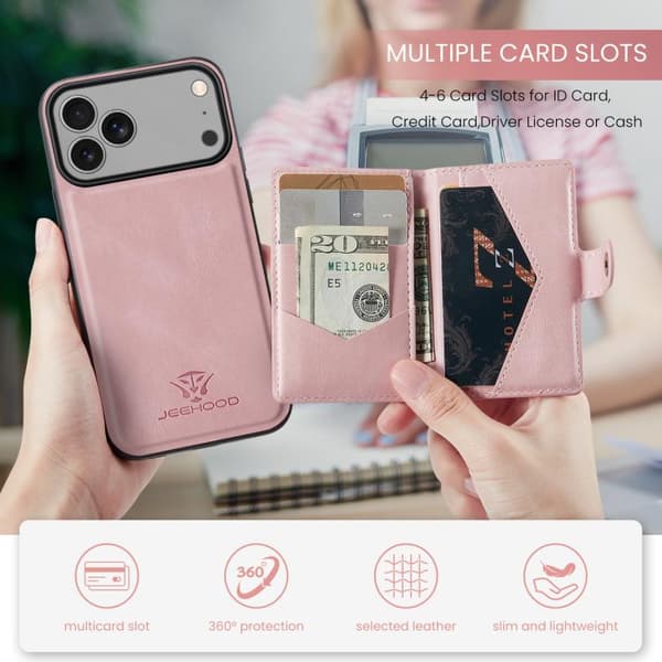 iPhone 17 Pro Deksel JEEHOOD Retro Magnetisk Avtakbart Lommebokdeksel Rosa