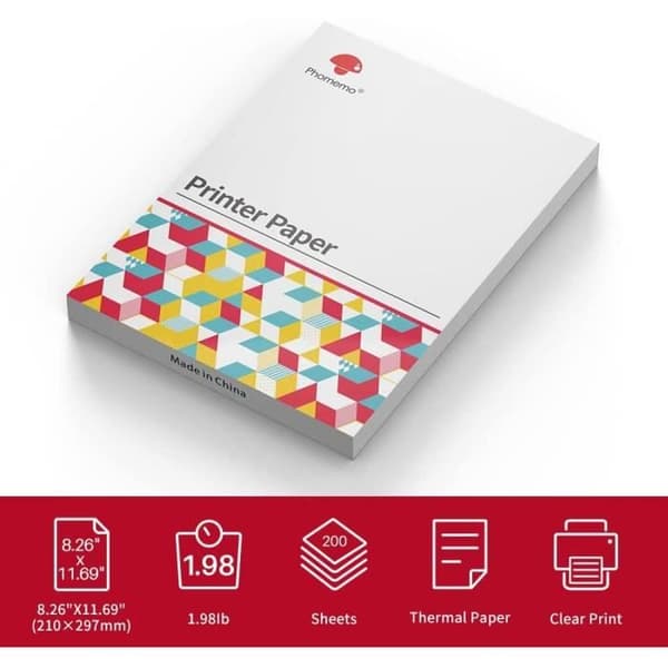 A4 termisk printerpapir, A4 termisk papir til Phomemo M08F bærbar printer, 200 ark