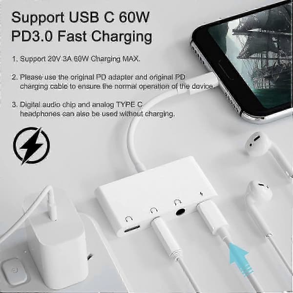 3,5 mm lydsplitter med USB C-hurtigopladning, dobbelt hovedtelefonadapter til Type C-enheder