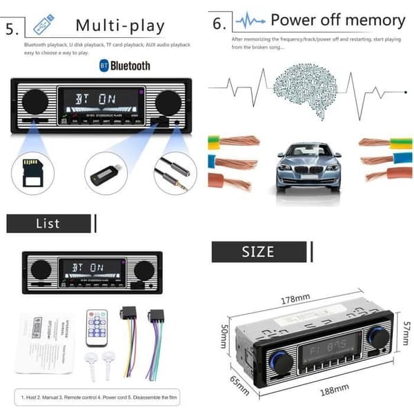Bluetooth bilradio - Retro - MP3-afspiller - Børstet metalpanel - Håndfri opkald - Digital FM