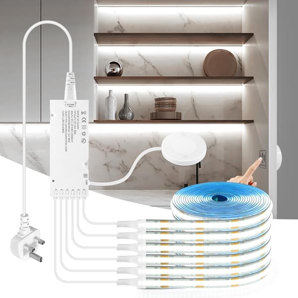 12V COB LED Strip Lights, 6 x 2M/6.6ft White COB LED Strips with Touch and Hand Wave Dimmer for Cabinet Display and Kitchen Lighting
