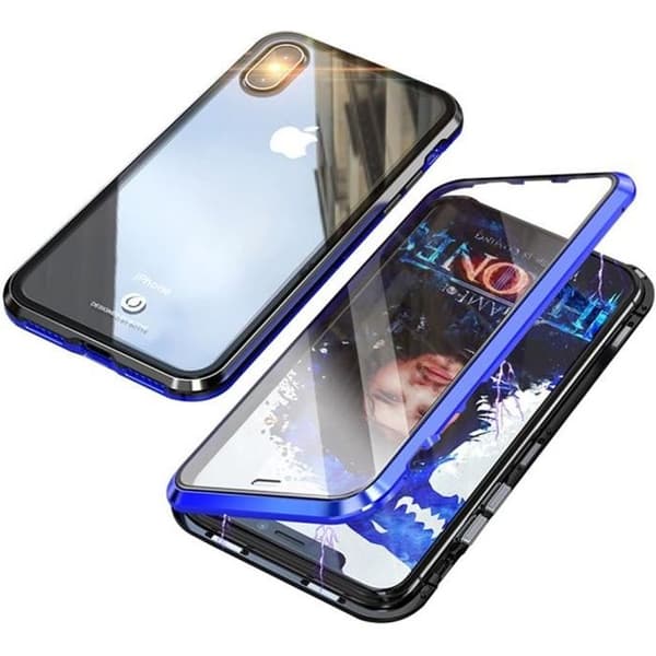 iPhone XR magnetfodral, metallram, skyddsfodral i härdat glas för iPhone XR - blå/svart