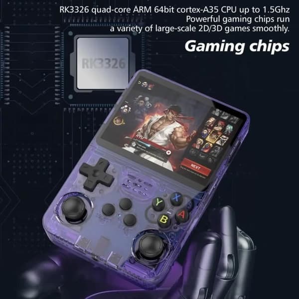 Bærbar konsol - R36S - Lilla - 3,5\" IPS - 20.000 spil - Dobbelte 3D-joysticks