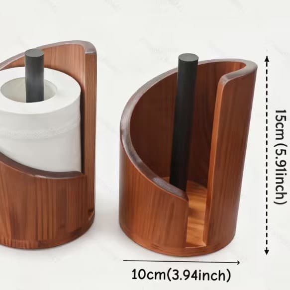 Kitchen Paper Holder - Upright Wooden Roll Holder - Elegant Upright Model with Round Base - Kitchen and Dining Table Organizer with Metal Frame