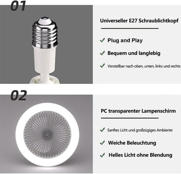 Loftventilatorlampe, E27 Loftventilator Lysekrone, Lydløs Loftventilator med Fjernbetjening og Lys (grå)