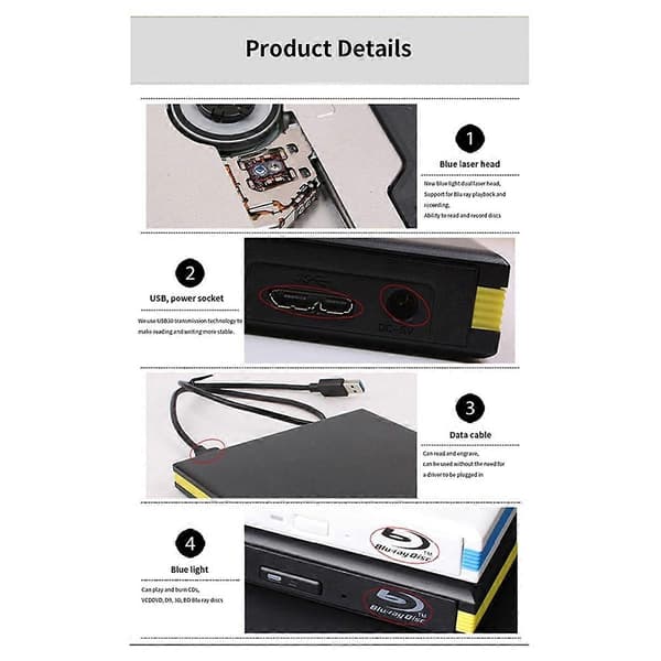 Blu-Ray Brænder Afspiller USB 3.0 CD DVD Ekstern Bluray Drev Skriver Læser til MacBook Windows PC Lapt Black