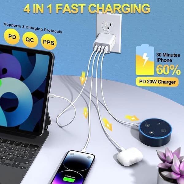 55W Hurtigoplader - Multi-Sektor - 4 USB-porte - Kompatibel med iPhone, iPad, Samsung - Sikker Beskyttelse
