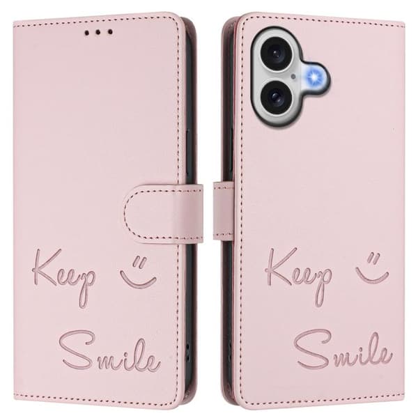 iPhone 17 Skal læderetui med Smile Embossing RFID Rosa