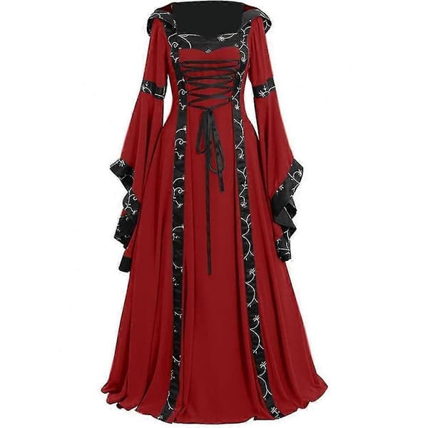 Middelalderkjole Dame Snøring Langærmet Gulvlang Middelalderkjole Halloween Kostume - Sort