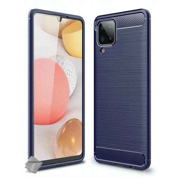 Karbonfiber silikongel-deksel til Samsung Galaxy A12 / M12 + skjermbeskytter - MØRKEBLÅ