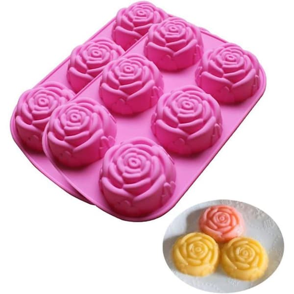 Silikoneform til kager, gelé, budding, chokolade, 6 hulrum, rosenblomstdesign, sæt med 2, pink