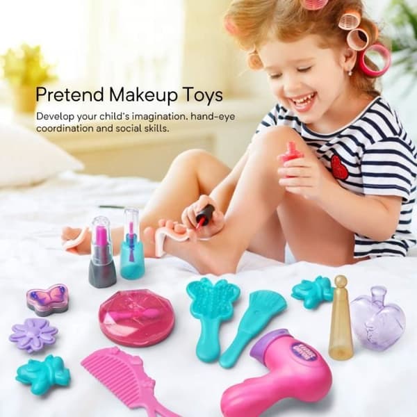 Børne-makeuplegetøj til piger - Børne-sminkebord makeuptaske - Simulations-makeuplegetøj til piger i alderen 4, 5 og 6 år