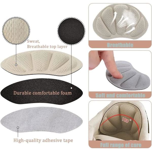 Sæt med 6 par tykke, selvklæbende hælpuder/indlæg til store hæle, læder, sort, grå, beige