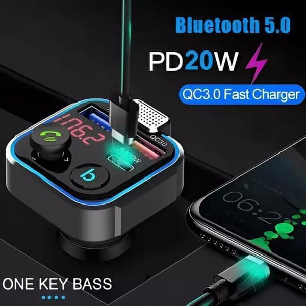Bil Bluetooth FM-sender 5.0, 20W PD + 18W QC3.0 Hurtigoplader, Understøttelse af dyb bas, USB-flashdrev, Håndfri opkald