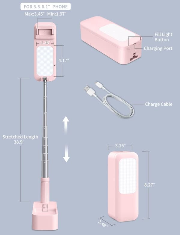 Extendable Selfie Tripod 360° Rotation with Phone Holder, Rechargeable