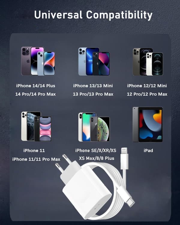 Hurtiglader 20W for iPhone 14 13 12 11 Pro Max Plus SE Mini Xr X XS USB C 2m Hurtigladekabel Strømadapter