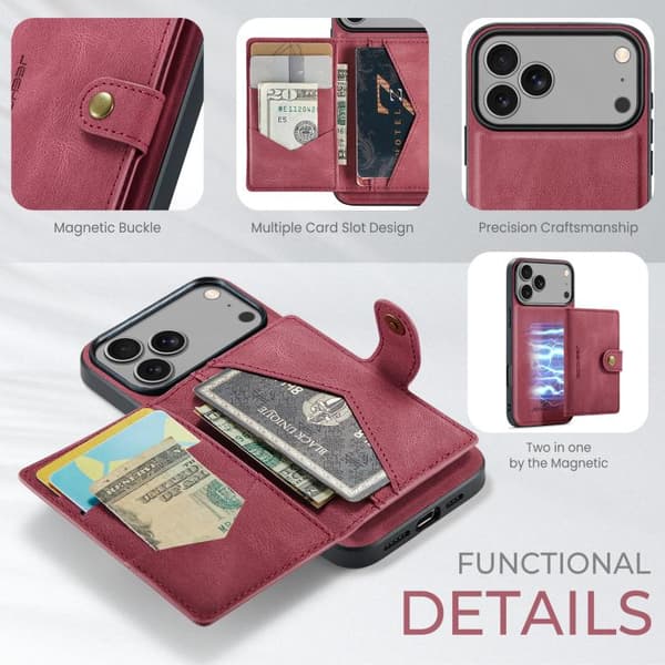 iPhone 17 Pro Deksel JEEHOOD Retro Magnetisk Avtakbart Lommebokdeksel Röd