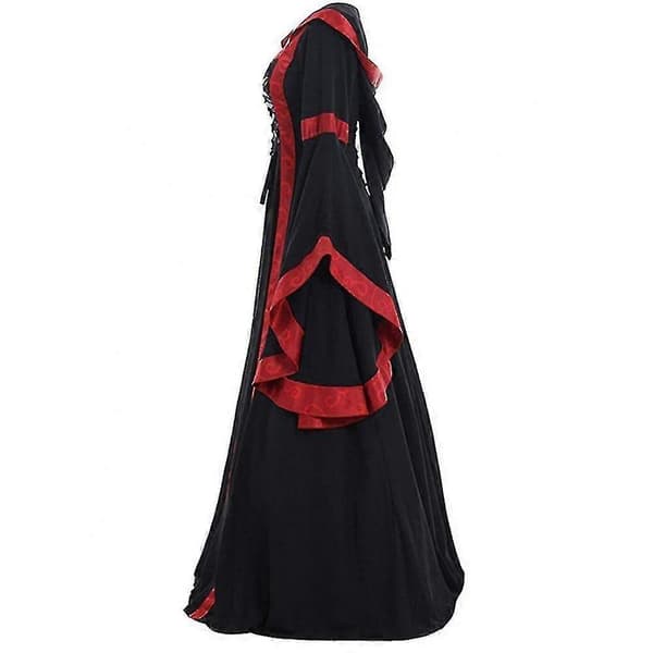 Middelalderkjole Dame Snøring Langærmet Gulvlang Middelalderkjole Halloween Kostume - Sort