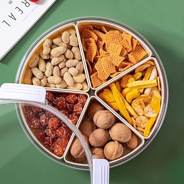 Vit rund plastdelad bricka med lock, 5 individuella bestickfack