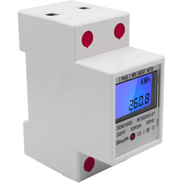 Single Phase DIN Rail Energy Meter 5-80A 220V 50Hz Electronic KWh Meter with LCD Backlight Digital Display DDM15SD, White - White
