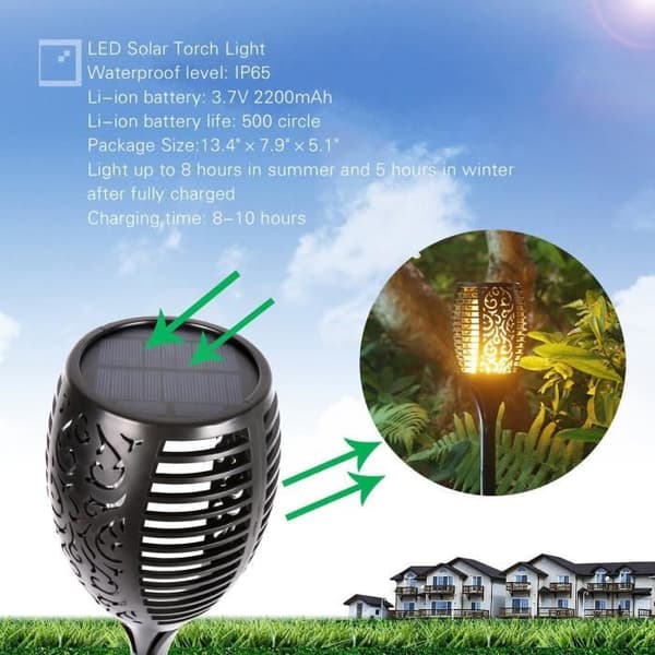 XICHAO - Pakke med 2 vanntette flammeformede LED-solcellehagelys
