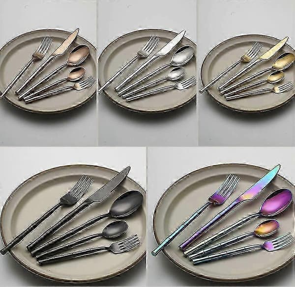 Creative Cylindrical Bamboo Handle 304 Stainless Steel Cutlery Set, 5-Piece Thick Cutlery Compatible with Kitchen Silver Silver 20.cm