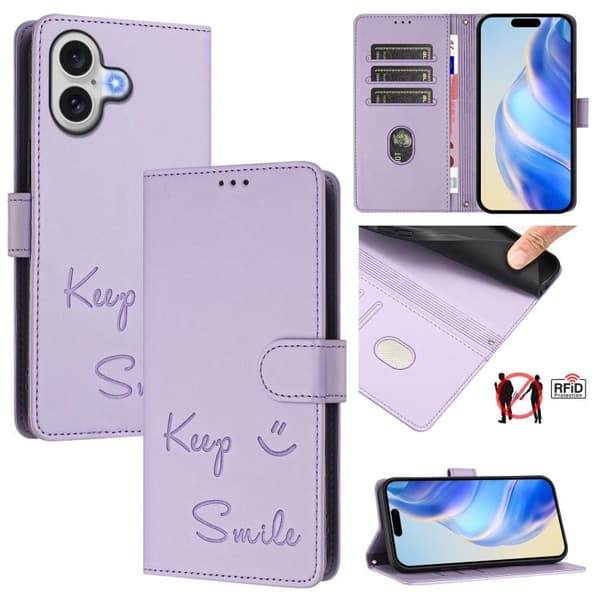 iPhone 17 Skal Läderfodral med Smile Embossing RFID Ljuslila