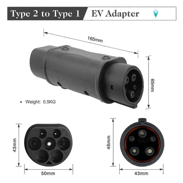 EV Ladeadapter - IEC 62196 Type 2 Hann til J1772 Type 1 Hunn 32A Black