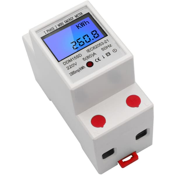 Single Phase DIN Rail Energy Meter 5-80A 220V 50Hz Electronic KWh Meter with LCD Backlight Digital Display DDM15SD, White - White