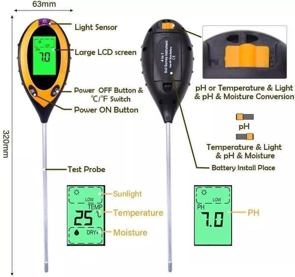 4-in-1 Soil Meter - pH Meter, Temperature Meter, Moisture Meter, and Light Meter for Plants and Garden