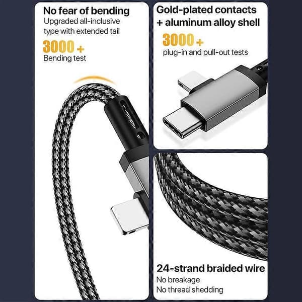 2 i 1 8-Pin, USB-C / Type-C til 3,5 mm Bil AUX Audio Adapter Kabel 1m Grey