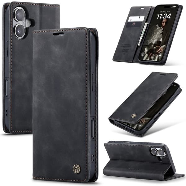 CASEME iPhone 16 Kotelo Flip Nahka Musta 86