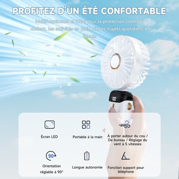 Mini bærbar USB håndholdt ventilator, 5-trins foldbar bordventilator med base, lille lommeventilator - blå