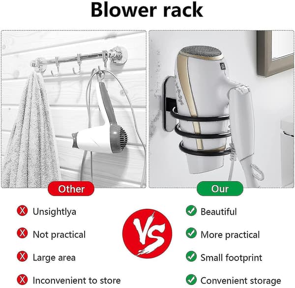Hårtørrerholder, vægmonteret hårtørrerholder, sort