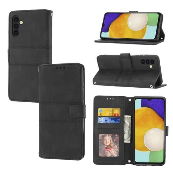 Etui til Samsung Galaxy A34 5G med håndledsrem, magnetisk PU-læder flipcover, retro sort