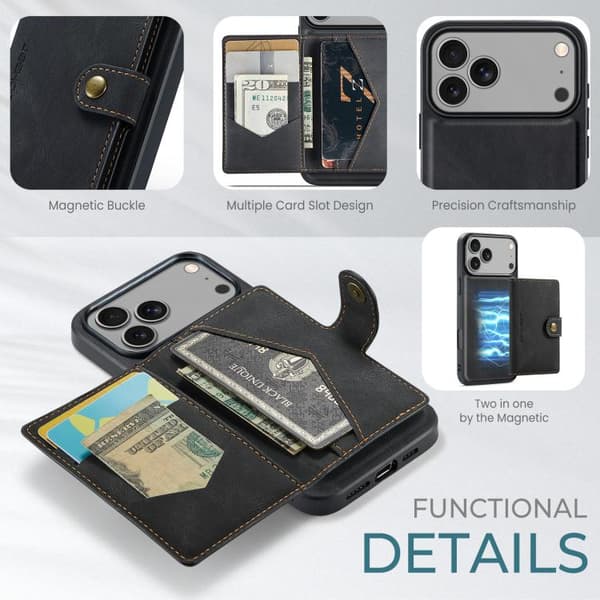 iPhone 17 Pro Deksel JEEHOOD Retro Magnetisk Avtakbart Lommebokdeksel Svart