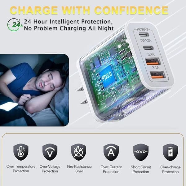 55W Hurtigoplader - Multi-Sektor - 4 USB-porte - Kompatibel med iPhone, iPad, Samsung - Sikker Beskyttelse