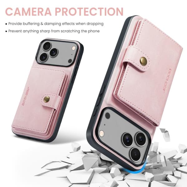 iPhone 17 Pro Deksel JEEHOOD Retro Magnetisk Avtakbart Lommebokdeksel Rosa