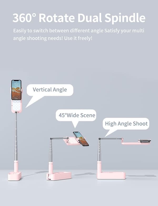Utvidbart Selfiestativ 360° Rotasjon med Telefonholder, Oppladbart