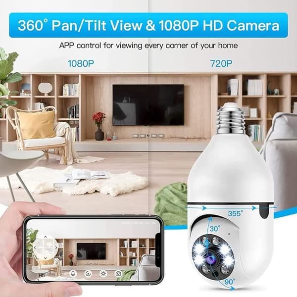 E27 WiFi-glödlampskamera, 360 graders trådlös utomhussäkerhetskamera, 1080P hemsäkerhetskamerasystem, upptäcker [O1061]
