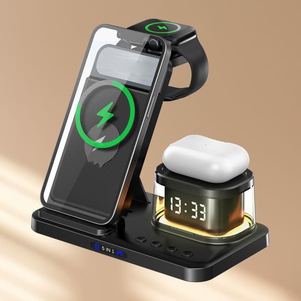 5-in-1 Wireless Charging Station with Clock Night Light for Phone Watch Headset