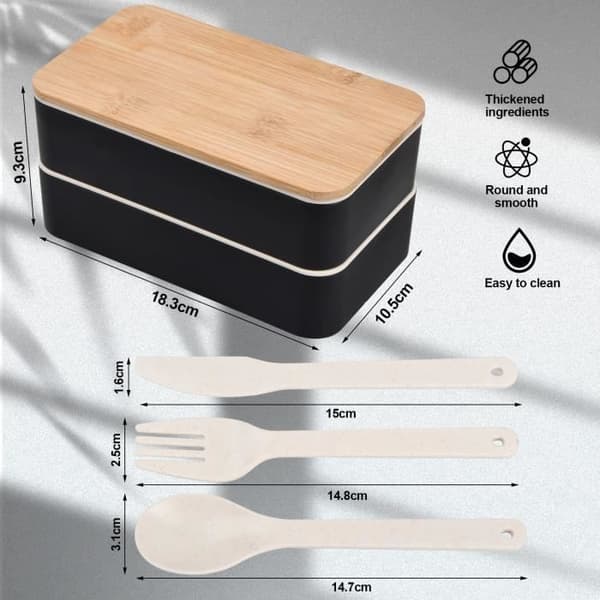Bento Box - 2 nivåer - Svart - BPA-fri - Bestick ingår