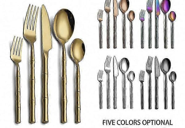 Creative Cylindrical Bamboo Handle 304 Stainless Steel Cutlery Set, 5-Piece Thick Cutlery Compatible with Kitchen Silver Silver 20.cm