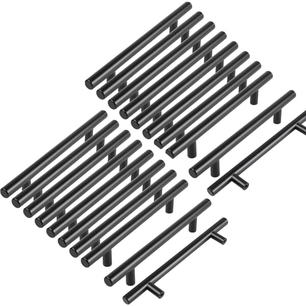 20 stk. sorte møbelgreb, sorte køkkengreb, T-formede skabsgreb, sorte greb med 128 mm cc, sorte huller med 128 mm cc