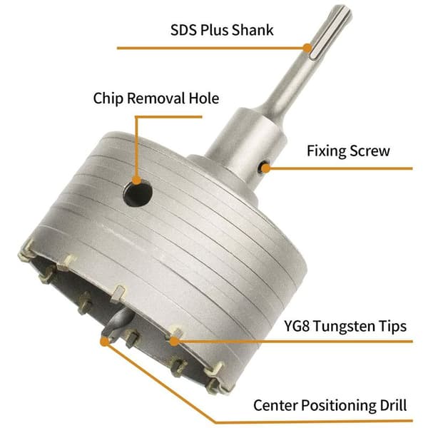 Betonhulsav med SDS Plus-adapter 110 mm, til murværk, beton, cementsten (100 mm + 110 mm SDS Plus-adapter)