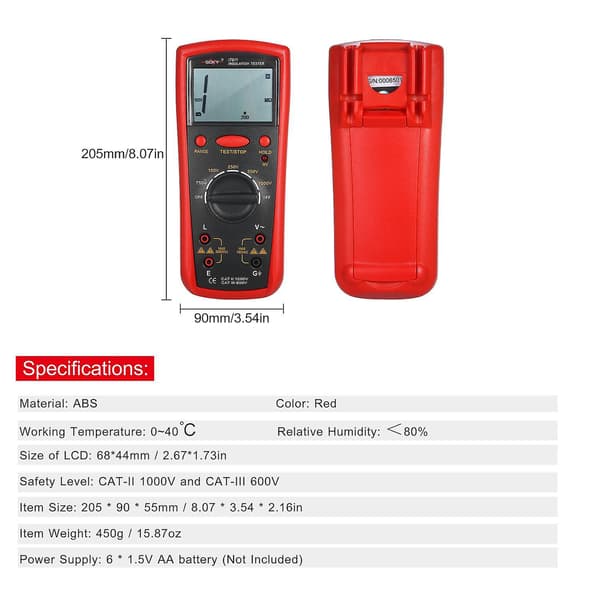 Shengde 60B+ (1000V) Isolationsmodstandsmåler Digital Megger Ohmmeter Håndholdt Isolationstester 1M Ohm -20G Ohm red